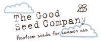 image of company logo comprising text "The Good Seed Company heirloom seeds for common use", with drawing of clouds in blue and bee