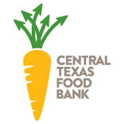 a logo featuring a carrot with green arrows coming out of its top to the left of the words central texas food bank