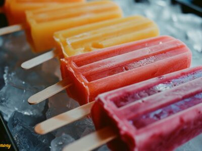 A colorful assorted array of freeze pops presented on a bed of ice.